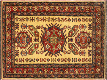 handmade Geometric Super Kazak Gold Red Hand Knotted RECTANGLE 100% WOOL area rug 5x6
